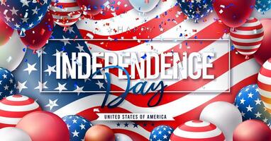 4 .. von Juli Unabhängigkeit Tag von das USA Illustration mit amerikanisch Flagge Muster Party Ballon und Typografie Beschriftung auf fallen Konfetti Hintergrund. vierte von Juli National Feier Design vektor