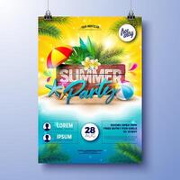 Sommer- Strand Party Flyer Design Vorlage mit Blume und Strand Ball auf tropisch Insel mit Typografie Beschriftung auf Jahrgang Holz Tafel Hintergrund. Sommer- Urlaub Illustration mit exotisch Palme vektor