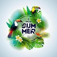 tropisk sommar Semester design med toucan fågel och papegoja blomma på ljus bakgrund. typografi illustration på suddig glas med exotisk handflatan löv och fylodendron för baner, flygblad vektor