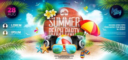 Sommer- Strand Party Banner Flyer Design mit Sonnenbrille und Strand Ball auf tropisch Insel mit Typografie Beschriftung auf Jahrgang Holz Tafel Hintergrund. Sommer- Urlaub Illustration mit exotisch Palme vektor