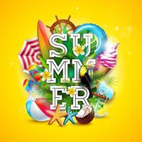 Sommer- Urlaub Banner Design mit bunt Strand Elemente und Typografie Beschriftung auf Sonne Gelb Hintergrund. Blume, tropisch Pflanzen und Sonnenschein zum Flyer, Einladung, Broschüre, Poster oder Gruß vektor