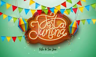 festa junina baner illustration med fest flaggor och papper lykta och lysande neon ljus brev på ljus grön bakgrund. Brasilien juni sao joao festival design med typografi på årgång trä vektor