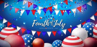 4:e av juli oberoende dag av de USA illustration med amerikan flagga och fest ballong på blå bakgrund. fjärde av juli nationell firande design för baner, hälsning kort, inbjudan eller vektor