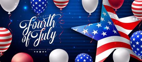 4:e av juli oberoende dag av de USA illustration med amerikan flagga mönster stjärna och fest ballong på blå bakgrund. fjärde av juli nationell firande design med typografi brev för vektor