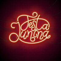 festa junina illustration med lysande neon ljus brev på årgång tegel vägg bakgrund. Brasilien juni sao joao festival design med typografi för baner, flygblad, hälsning kort, inbjudan eller vektor