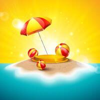 Sommer- Urlaub Feier Design mit Bühne Podium, Sonnenschirm und Strand Ball auf tropisch sandig Insel Hintergrund. festlich Illustration mit Sonnenlicht zum Flyer, Gruß Karte, Banner, Urlaub vektor