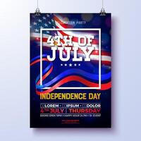 oberoende dag av de USA fest flygblad illustration med amerikan flagga och fyrverkeri. fjärde av juli design på natt blå bakgrund för firande baner, hälsning kort, inbjudan eller vektor