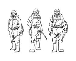 Reihe von Illustrationen des medizinischen Teams in PPE zum Schutz vor Virusausbrüchen wie Covid-19, Ebola und Sars. isolierte Hand in dünner Linie Vektor-Illustration gezeichnet vektor