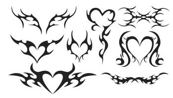 Neo Stammes- Herz y2k ästhetisch tätowieren gotisch Abdeckung, Feuer oder Flügel abstrakt Silhouette isoliert auf Hintergrund. Teiler, Grenze, Cyber Körper Ornament, neotribal Netz Goth Dekoration vektor