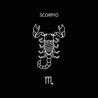 skorpion horoskop symbol i tolv zodiak konstellation. en platt linje zodiaken ikoner isolerad på svart bakgrund. astrologi och mytologi samling i vektor. vektor