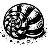 randig spiral snigel i svartvit. hav mollusk lögner på botten av hav. enkel minimalistisk i svart bläck teckning på vit bakgrund vektor