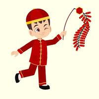süß jung Junge im Chinesisch traditionell Kleider feiern Chinesisch Mond- Neu Jahr halten Feuerwerkskörper vektor