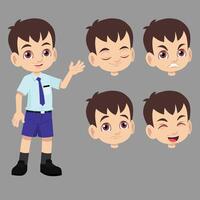 söt ung studerande pojke i skola enhetlig stående vinkade hand presentation med uppsättning av ansikte uttryck vektor