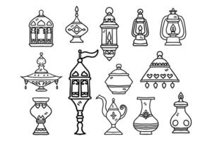 ein einstellen von schwarz und Weiß Zeichnungen von verschiedene Lampen und Vasen vektor