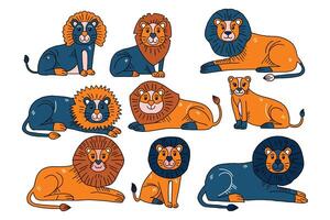 en uppsättning av lejon är visad i olika poserar, med några Sammanträde och andra stående vektor