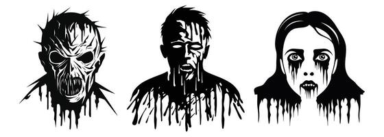uppsättning av skrämmande zombie ansikten svart Färg illustration vektor