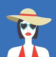 schön Frau im Hut und Sonnenbrille auf Blau Hintergrund. Mädchen mit rot Lippen Sommer- Illustration vektor