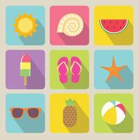 einstellen von Sommer- eben Symbole mit lange Schatten. Strand Artikel Sammlung. Wassermelone, Meer Stern, Eis Creme, Sonnenbrille und Mehr vektor