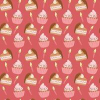 födelsedag muffins sömlös mönster. Semester mat illustration med ljus och födelsedag kaka i platt texturerad stil och pastell färger på rosa bakgrund. vektor