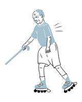 Senior Mann Walze Skaten mit Stock mit Glück. Kontrast Gekritzel Illustration isoliert auf Weiß Hintergrund. Gliederung Zeichnung von aktiv Altern zum Logo, Aufkleber vektor