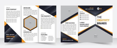 professionell företags- verklig egendom, hus försäljning layout för företag trifold broschyr. kreativ tre vika ihop, tri-faldig trend design vektor