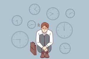 företag man ledsen eftersom av brist tid och problem med saknas tidsfrister orsakar problem på arbete vektor