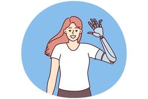 glücklich Mädchen Wellen Prothese Hand zu zeigen Neu mechanisch Roboter Hand vektor