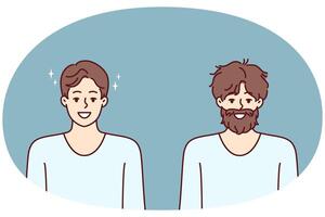 man innan och efter gående till frisör till professionell frisör för hår och skägg vård vektor