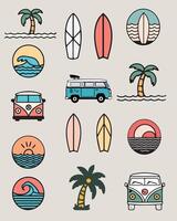 surfing ikoner uppsättning, uppsättning av årgång surfing design element vektor