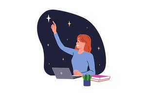 Mädchen Schüler Studien Astronomie und stellt sich vor sternenklar Himmel oder Raum, Sitzung beim Tabelle mit Laptop vektor