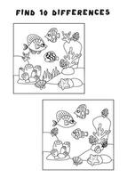mini spel för barn. förskolebarn. hitta 5 skillnader. bild med fisk och anemoner.logisk uppgifter för förskolebarn. spel 3-4 år. svart och vit bild vektor