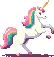 ett förtjusande 8-bitars pixel konst enhörning med en färgrik regnbåge man, tillverkad i en klassisk retro spel stil, presenteras som en charmig ikon isolerat utan bakgrund. vektor