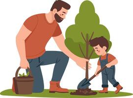 ein herzerwärmend Bild abbilden das Bindung zwischen Vater und Sohn wie Sie Pflanze ein Baum zusammen, symbolisieren hoffen und Engagement zu Erde Tag und Umwelt Schutz vektor