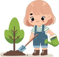 ein wenig blond Mädchen im Denim Overall Pflanzen ein Baum, symbolisieren hoffen und Engagement zu Erde Tag und schützen das Umfeld. einfach eben Stil. vektor