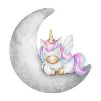 süß Baby Märchen Einhorn Schlafen auf Halbmond Mond. isoliert Aquarell Illustration zum Logo, Kinder Waren, Kleidung, Textilien, Postkarten, Poster, Baby Dusche und Kinder- Zimmer vektor