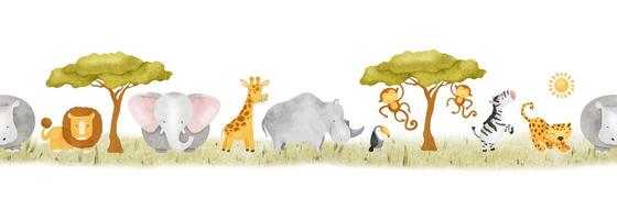 afrikanisch Tiere auf Wiese Giraffe, Löwe, Elefant, Nashorn, Nilpferd, Tukan und Affen nahtlos Rand von Savanne Tiere. Aquarell Banner zum Baby Karte, Design Kinder Zimmer, Textilien vektor