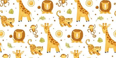 söt bebis afrikansk djungel djur lejon, leopard, gepard, apa, giraff och löv, Sol. vattenfärg sömlös mönster. barnslig bakgrund. safari skriva ut för design barn varor, kort, tyg, vektor