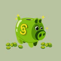 pengar uppsättning ikon. färgad platt ikon för företag och reklam. keramisk grön nasse Bank i de form av en gris. illustration av en stack av mynt, mynt platt ikon vektor
