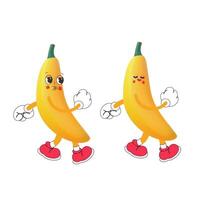 Gelb 3d komisch lecker Banane Logo. retro Karikatur Charakter Banane Satz. eben Banane im modisch groovig Stil. groovig Obst Zeichen vektor