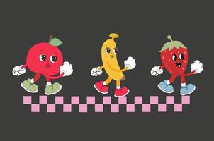 retro Karikatur Charakter Obst Satz. eben Apfel, Banane und Erdbeere im modisch groovig Stil. groovig Obst Zeichen vektor