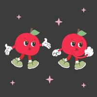 retro Karikatur Charakter Frucht. eben rot Apfel im modisch groovig Stil. groovig Obst Charakter vektor