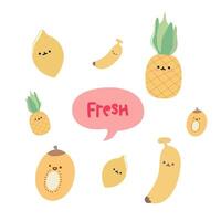 Sammlung von süß Früchte. eben Karikatur einstellen von Früchte. süß Karikatur Banane, Ananas, Zitrone. einstellen von Gelb süß eben Früchte vektor