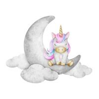 süß Baby Märchen Einhorn Schlafen auf Halbmond Mond im Wolken. isoliert Aquarell Illustration zum Logo, Kinder Waren, Kleidung, Textilien, Postkarten, Poster, Baby Dusche und Kinder- Zimmer vektor