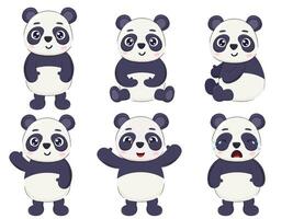 söt tecknad serie panda Björn karaktär uppsättning. skriva ut, vykort, affisch element isolerat på vit. vektor