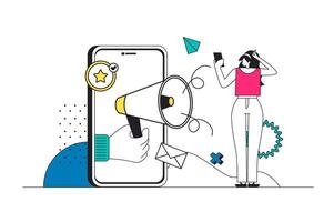 Handy, Mobiltelefon Marketing Gliederung Netz Konzept im modern eben Linie Design. Frau bekommen online Werbung mit Megaphon Mitteilungen, Digital Beförderung Inhalt mit Einkaufen Angebot im App. Illustration vektor