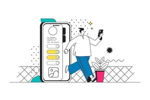 Handy, Mobiltelefon Veranstalter Gliederung Netz Konzept im modern eben Linie Design. Mann Verwaltung Täglich Zeit mit online Zeitplan und zu tun aufführen im Anwendung, setzt Aufgaben und treffen, Anmerkungen Frist Ziele. Illustration vektor