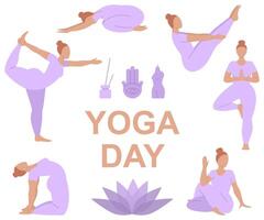 flickor prestera yoga poser och övningar för hälsa och avslappning. internationell yoga dag ikoner i platt stil i lila färger. illustration isolerat på vit bakgrund. kropp vård begrepp. vektor