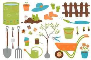 Garten Werkzeug. Blumen zum Pflanzen, Samen, Sämlinge. Gartenarbeit Kleidung. vektor