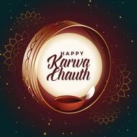 glücklich Karwa chauth indisch Festival Gruß mit dekorativ Elemente vektor