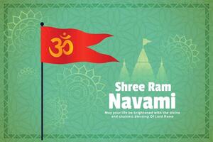 Hindu RAM Navami Festival Karte mit Flagge und Tempel vektor